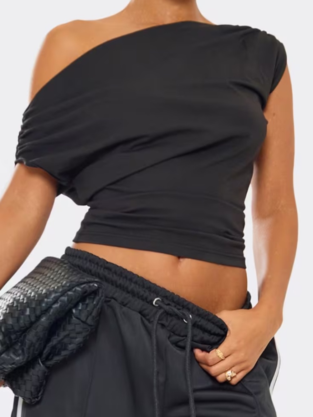 BLACK OFF THE SHOULDER TOP WITH CINCHED WAIST